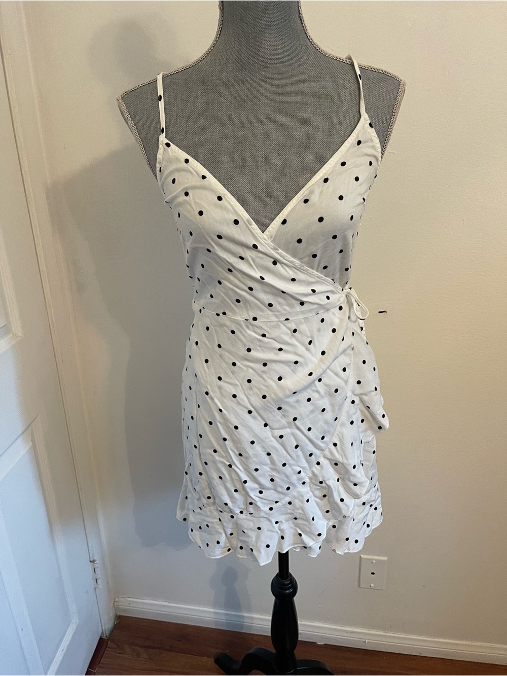 H&M White Mini Wrap Dress with Black Polka Dots.Size 4